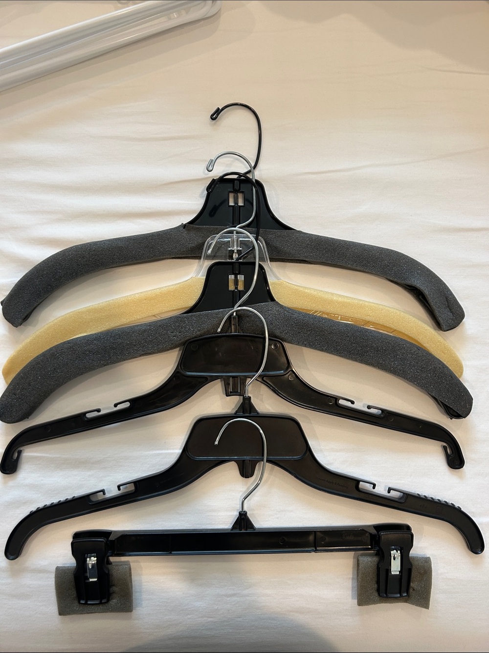 Set of 6 Assorted Foam and Plastic Clothing Hangers - Black, Gray, Cream